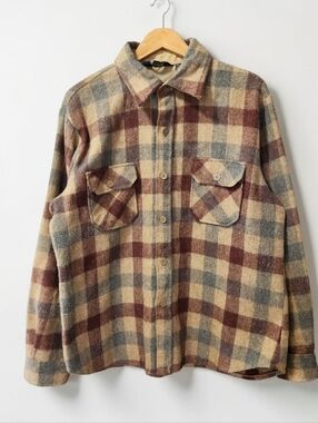 Vintage Stage II Wool Linen Blend Plaid Button Up Shirt Mens XL Red Beige Blue